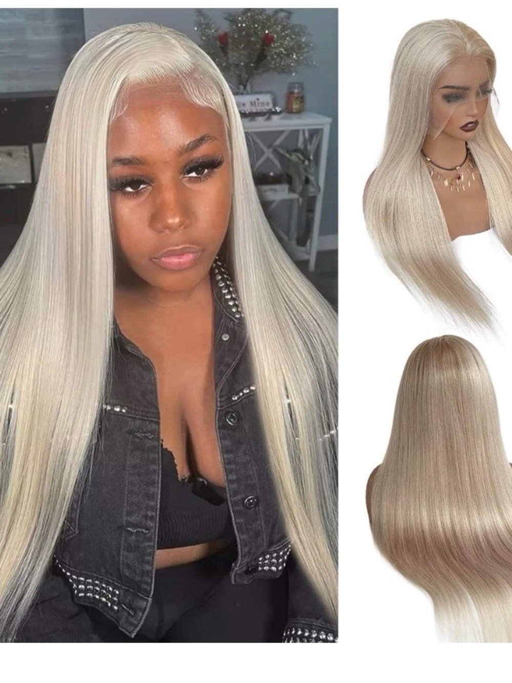 28” Blonde Straight Lace Front Human Hair Wig - Sleek Platinum White Blonde